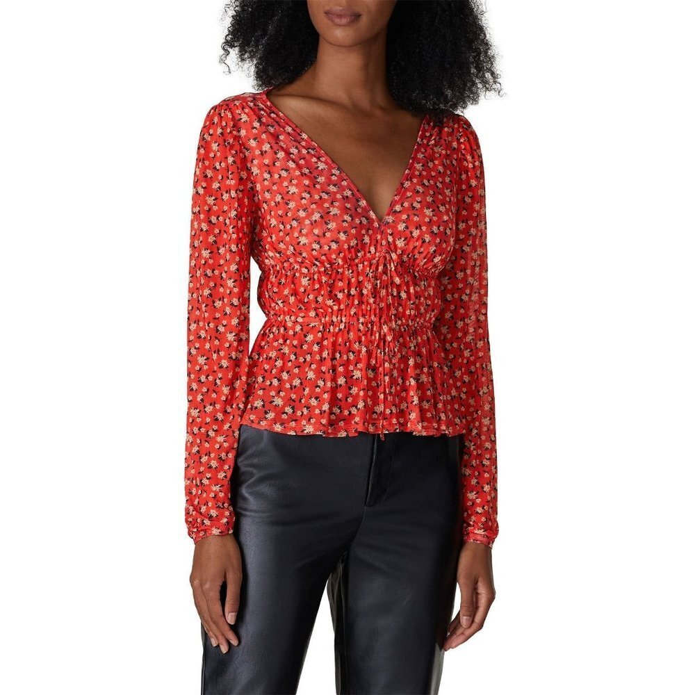 Louna Red Floral Printed Crepe Long Sleeve Mesh Top Women's Size X-Small XS
